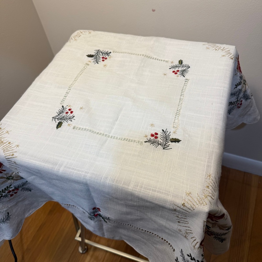 Vintage Embroidered Christmas Tablecloth Bells Poinsettia Holly Hemstitch 33x33 - Picture 2 of 12